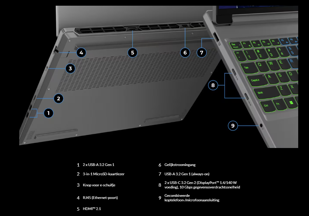 پورت ها و اتصالات لپ تاپ گیمینگ لنوو Legion 5i Gen 9 (16" Intel)